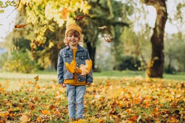Chico lindo jugando con hojas en el parque otoño