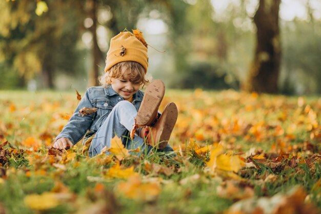 Chico lindo jugando con hojas en el parque otoño