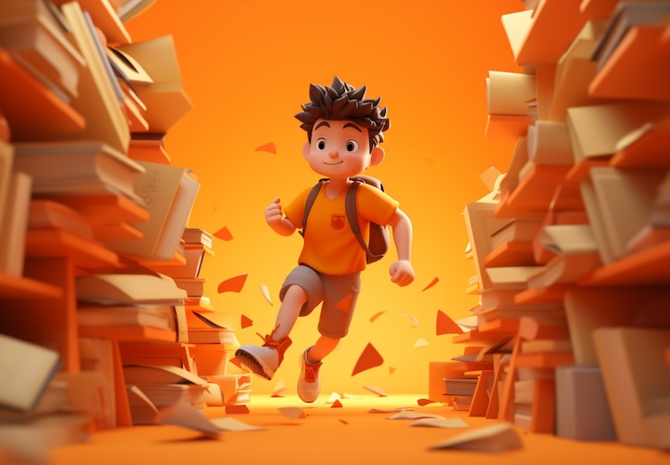 Foto gratuito chico personaje de dibujos animados corriendo libros