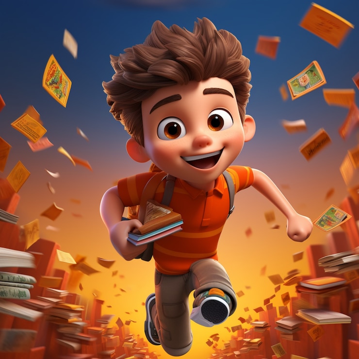 Foto gratuito chico personaje de dibujos animados corriendo