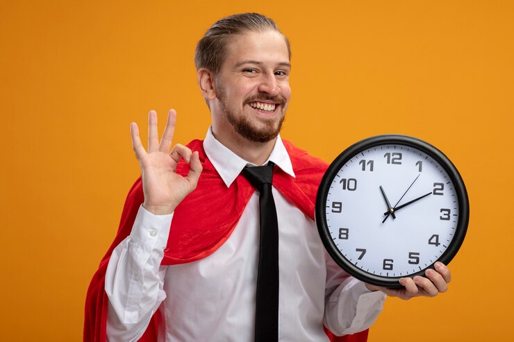Foto gratuito chico superhéroe joven sonriente con corbata sosteniendo el reloj de pared y mostrando un gesto bien aislado sobre fondo naranja