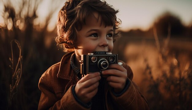 Chicos lindos jugando en la naturaleza al atardecer generado por IA