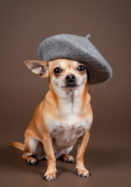 Chihuahua wearing a grey beret in a studio