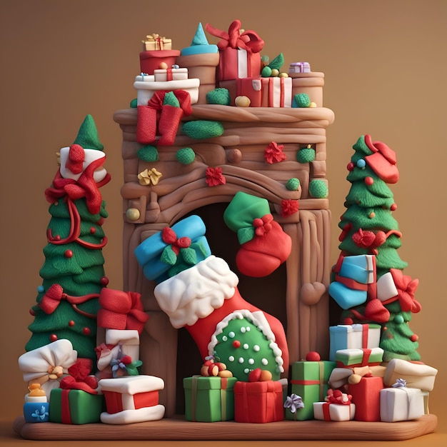 Foto gratuita chimenea de navidad con regalos y decoraciones 3d render sobre fondo marrón