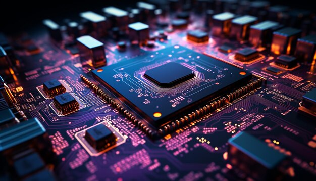 Un chip de computadora conecta componentes eléctricos que impulsan la industria de las comunicaciones globales generados por inteligencia artificial