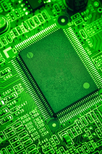 Chip de procesador central en placa de circuito, concepto de tecnología