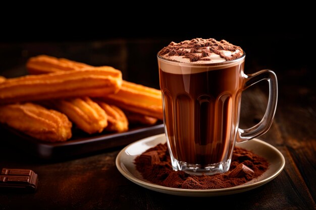 Chocolate caliente con churros sobre mesa de madera desayuno español