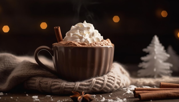 Foto gratuita chocolate caliente con malvaviscos en una mesa rústica generada por ia