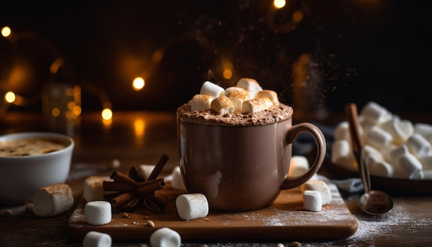 Chocolate caliente con malvaviscos en una mesa rústica generada por IA