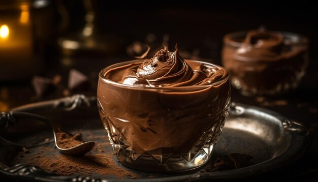 Foto gratuita chocolate negro derritiéndose en una mesa rústica de madera generada por ia