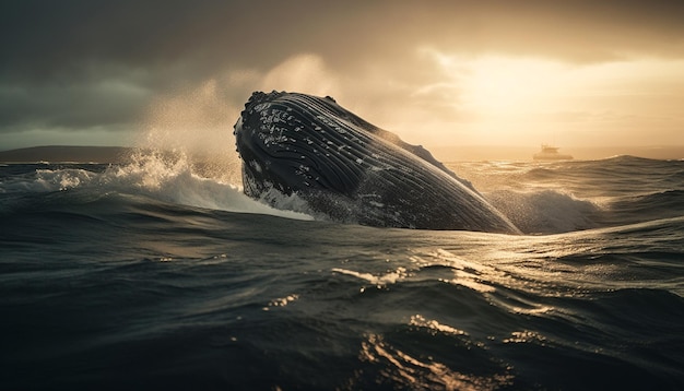 Foto gratuita choque majestuoso de ballena jorobada en poderosas olas generadas por ia