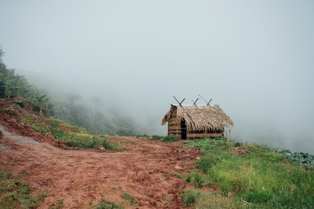 Choza pequeña para el descanso del granjero en la niebla