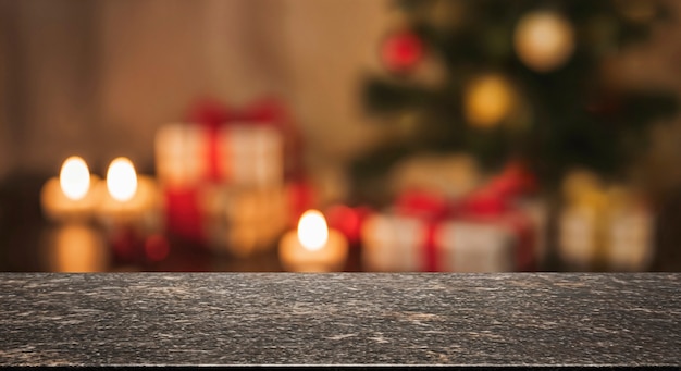 Christmas scene with candles, gifts, and a festive tree