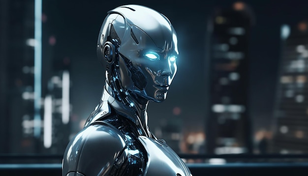Ciborg futurista con brazos robóticos iluminados por la noche generados por IA