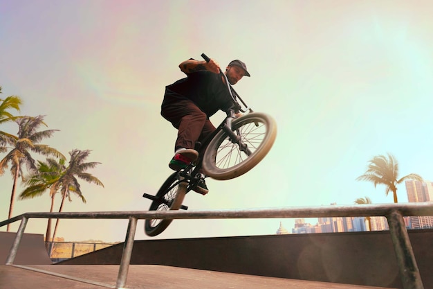 Foto gratuita el ciclista de bmx está realizando trucos en el skatepark al atardecer