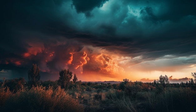 Foto gratuita cielo del atardecer sobre la belleza natural de la pradera tranquila generada por ia