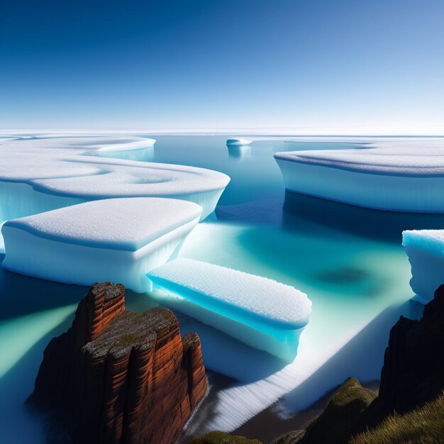 Un cielo azul se refleja en el agua y el hielo se está derritiendo.