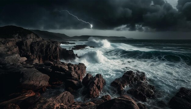 Cielo dramático rompiendo olas borde de acantilado peligroso generado por IA