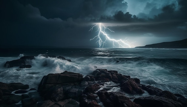 Cielo dramático rompiendo olas costa húmeda impresionante belleza generada por IA