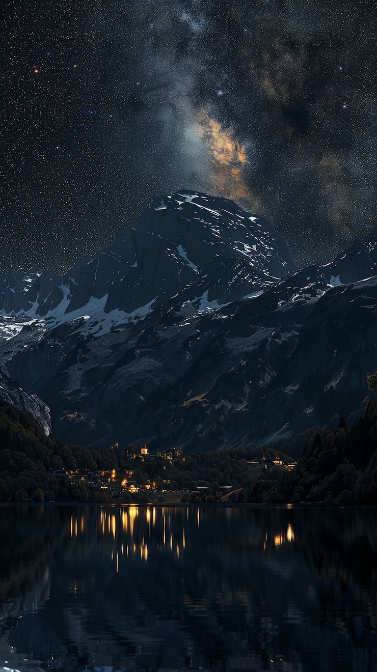 Cielo estrellado por la noche con paisaje de montañas