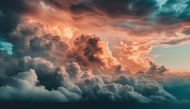 Un cielo lleno de nubes con una nube rosa al fondo