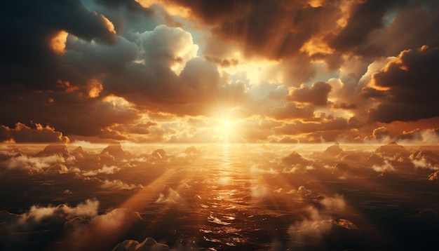 El cielo vibrante de la puesta de sol refleja la belleza sobre el agua tranquila generada por la inteligencia artificial