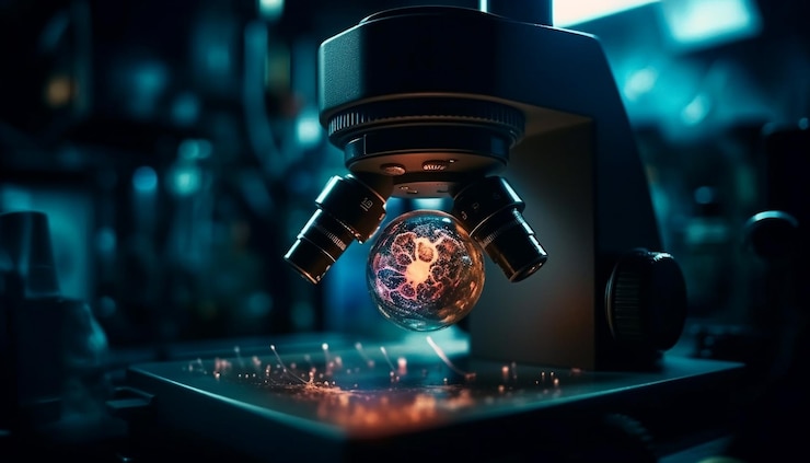 Foto gratuito científico analiza bacteria con magnificación a gran escala generada por ia