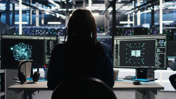 Foto gratuito científico informático de centros de datos que utiliza software de árbol de nodos para analizar conjuntos de datos