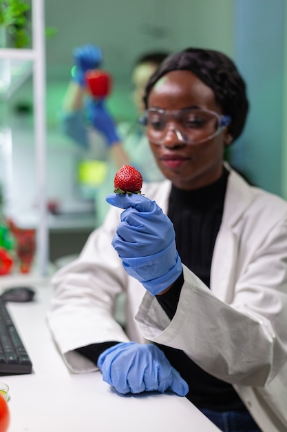 Científico químico mirando fresa con líquido orgánico examinando la prueba de adn de frutas para el experimento de botánica