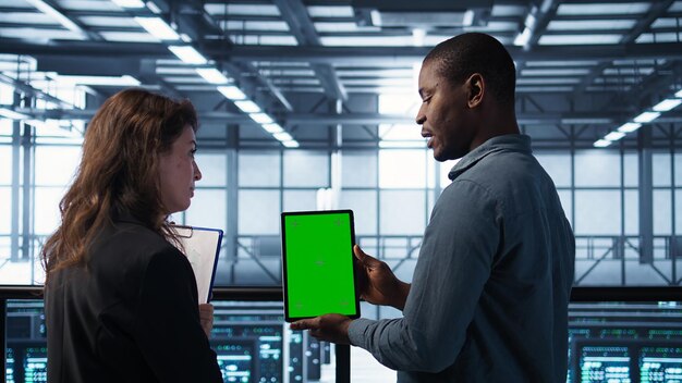 Científicos de datos de la sala de servidores que utilizan una tableta de maqueta para realizar auditorías de seguridad
