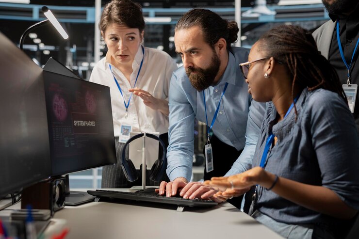 Foto gratuito científicos informáticos preocupados en el centro de datos reaccionan a la alerta de virus
