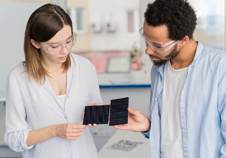 Foto gratuito científicos que trabajan en soluciones de ahorro de energía