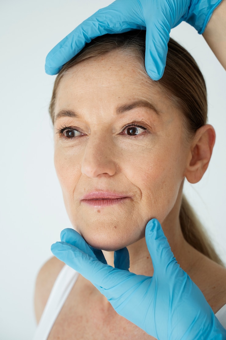 Foto gratuito cierra las manos con guantes sosteniendo la cara de una mujer sonriente