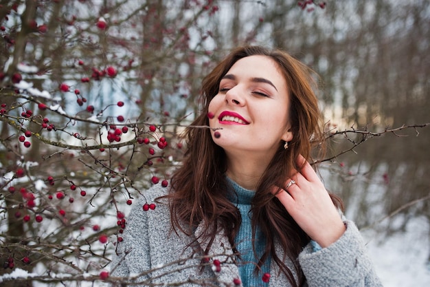 Cierra el retrato de una chica gentil con abrigo gris cerca de las ramas de un árbol cubierto de nieve