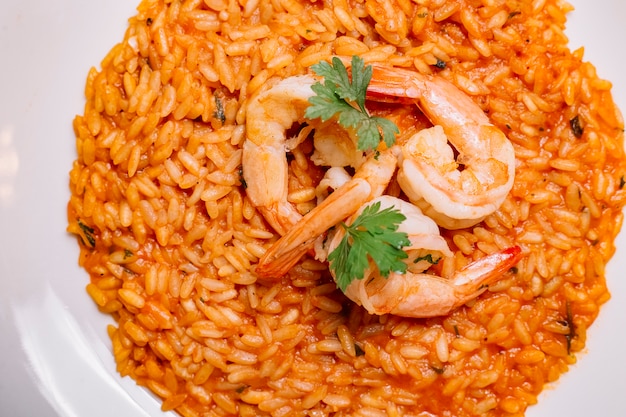 Cierre de plato de risotto de mariscos con salsa de tomate con camarones