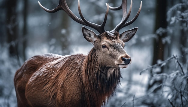 Ciervo con cuernos en un bosque invernal luciendo lindo generado por IA
