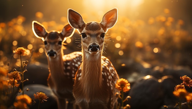 Foto gratuita un ciervo joven en el bosque mirando a la cámara rodeado de belleza generada por la inteligencia artificial