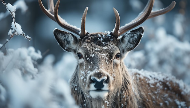 Foto gratuita un ciervo lindo mirando a la cámara en un bosque nevado generado por la ia