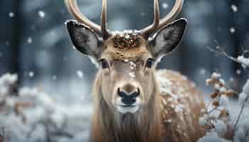Foto gratuita un ciervo lindo en la nieve mirando a la cámara belleza invernal generada por la ia
