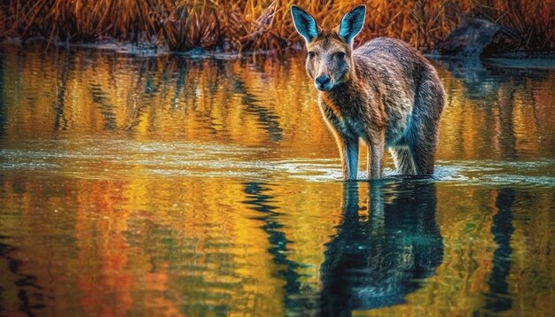 Ciervo lindo parado en un estanque tranquilo reflejo generado por IA