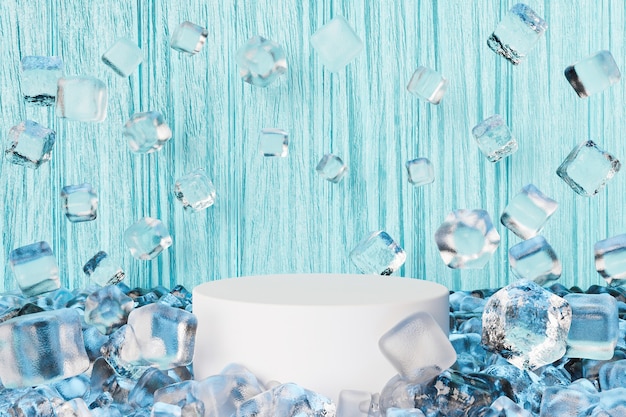 Cilindro para exhibición de productos con cubitos de hielo flotando alrededor y fondo de madera azul Foto Premium 