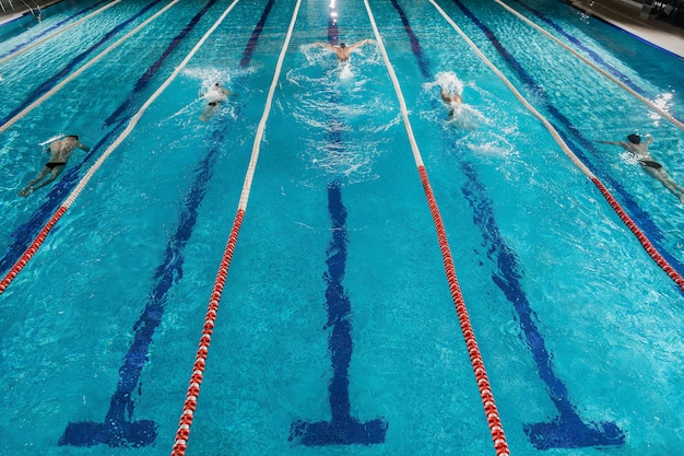 Foto gratuita cinco nadadores corriendo uno contra el otro en una piscina