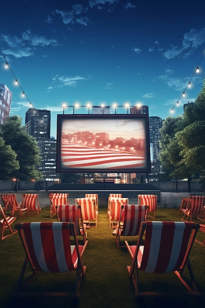 Foto gratuita cine al aire libre en 3d con sillas y proyector.