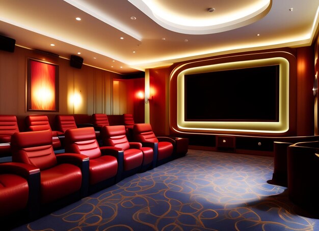 Un cine con butacas rojas y una gran pantalla que dice cine en casa