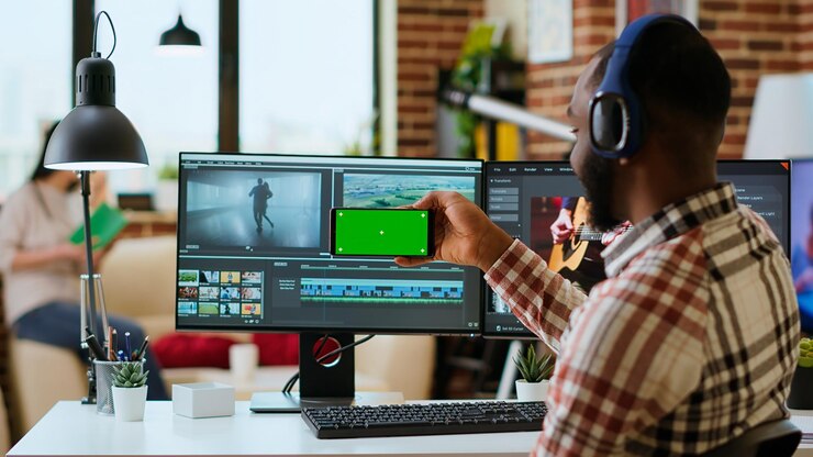 Foto gratuito un cineasta masculino editando un proyecto de video en un software moderno de clasificación de colores