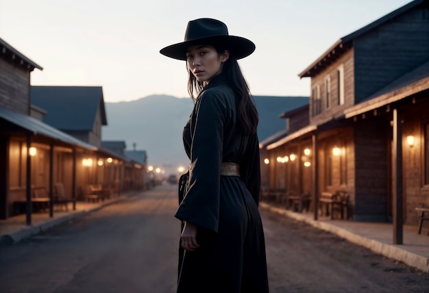 Foto gratuita cinematic portrait of american cowboy in the west with hat