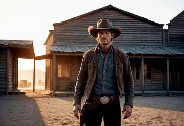 Foto gratuita cinematic portrait of american cowboy in the west with hat