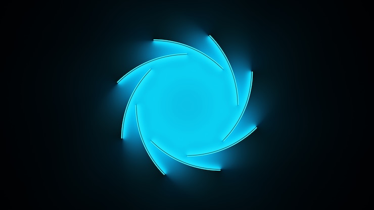 Foto gratuito círculo con luz azul interior dividida en partes y brilla con movimiento abstracto