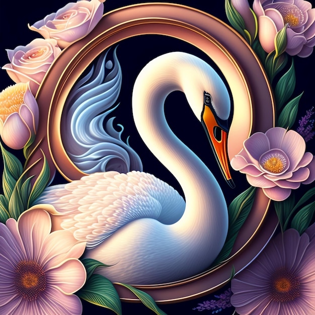 Foto gratuita un cisne con un marco floral en el centro.