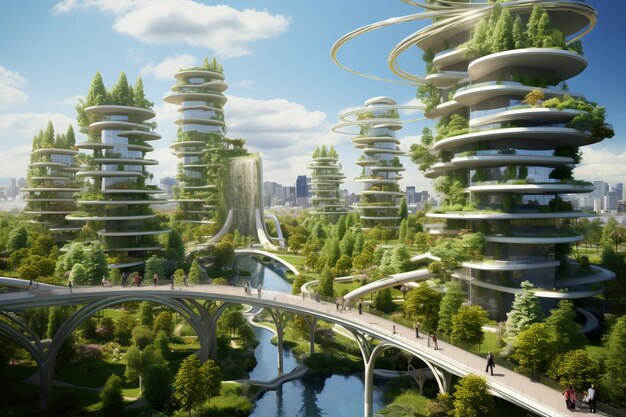 Ciudad futurista respetuosa con el medio ambiente con espacios verdes